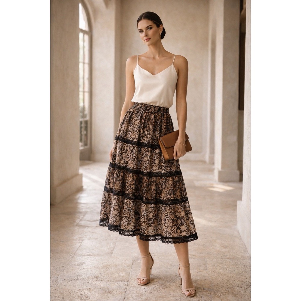 New Directions Lace Tiered Midi Skirt M Brown Black‎ Damask Boho Romantic
